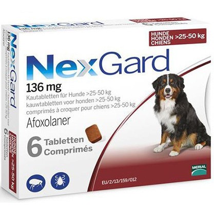 NexGard 25-50Kg [hộp 6 viên] Viên nhai phòng và t.r.ị ve ghẻ bọ chét trên chó