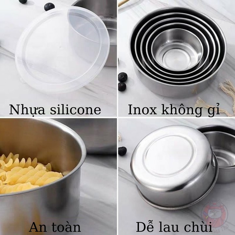 Bộ 5 bát (thố) bằng inox không gỉ đựng thực phẩm đủ size 10-18cm có nắp đậy bằng silicone cao cấp