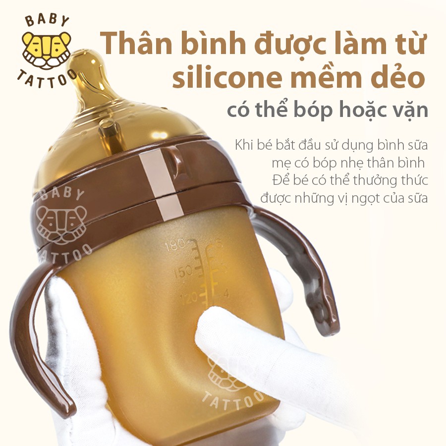 Bình Sữa Cầm Tay SIlicone Nano Bạc Kháng Khuẩn, Đầu Ti Mềm Dẻo, Đàn Hồi Cao BABY TATTOO