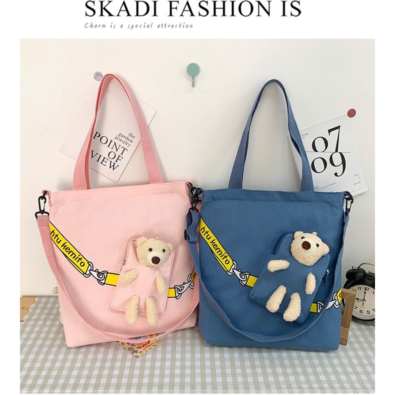 Túi Tote Vải Canvas Có Khóa Kéo In Hình Gấu Bông Dễ Thương Thời Trang Cho Nữ