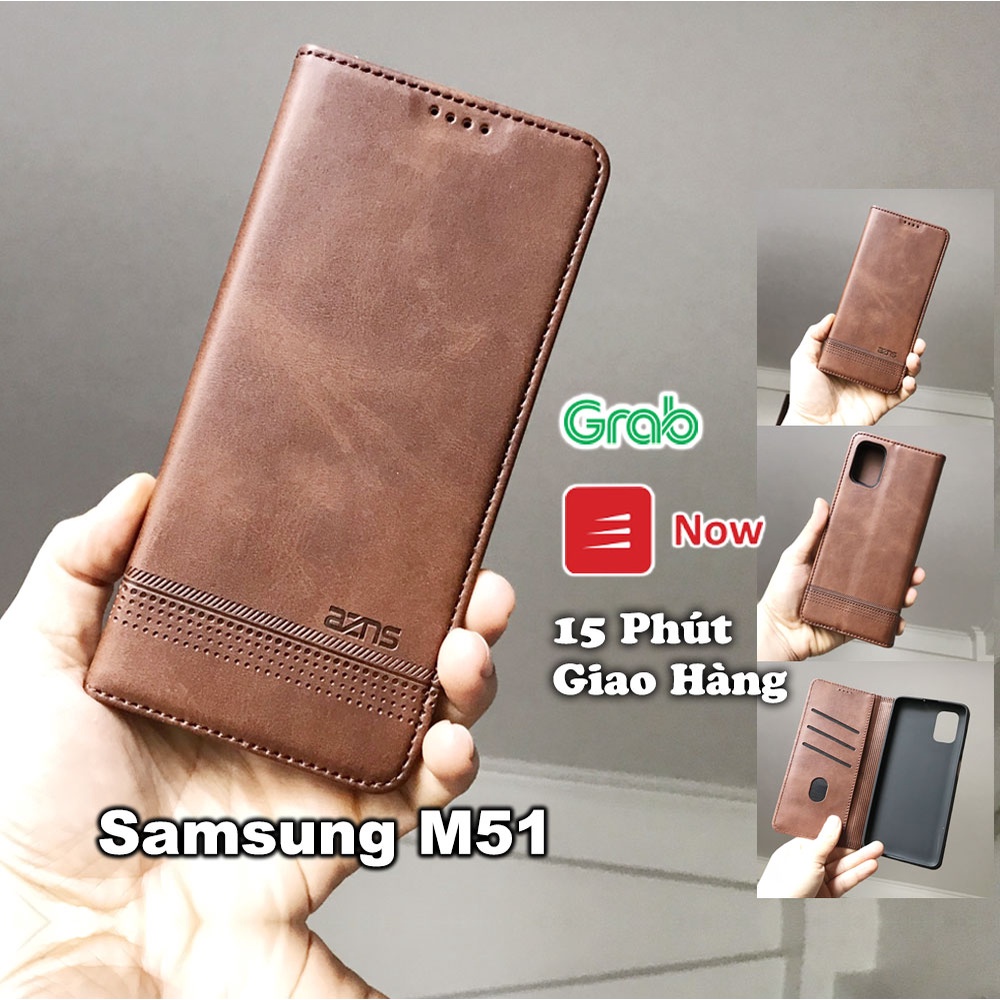 Bao da ốp lưng điện thoại Samsung M51 A22 kèm ví gập nắp da thật mềm mịn - azns