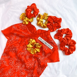 Scrunchies vải gấm dày cao cấp tông màu Tết