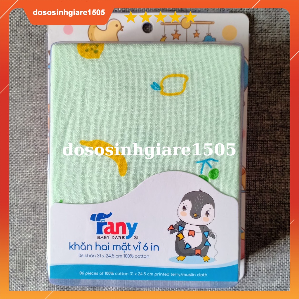Vỉ 6 Khăn sữa cao cấp Fany in hình 2 mặt lông - xô cho bé sơ sinh và trẻ em