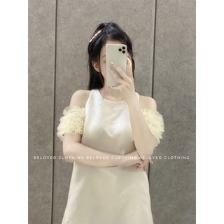 Váy gấm hoa nổi tay bèo ( ảnh shop chụp thật - k kèm tag cài áo )