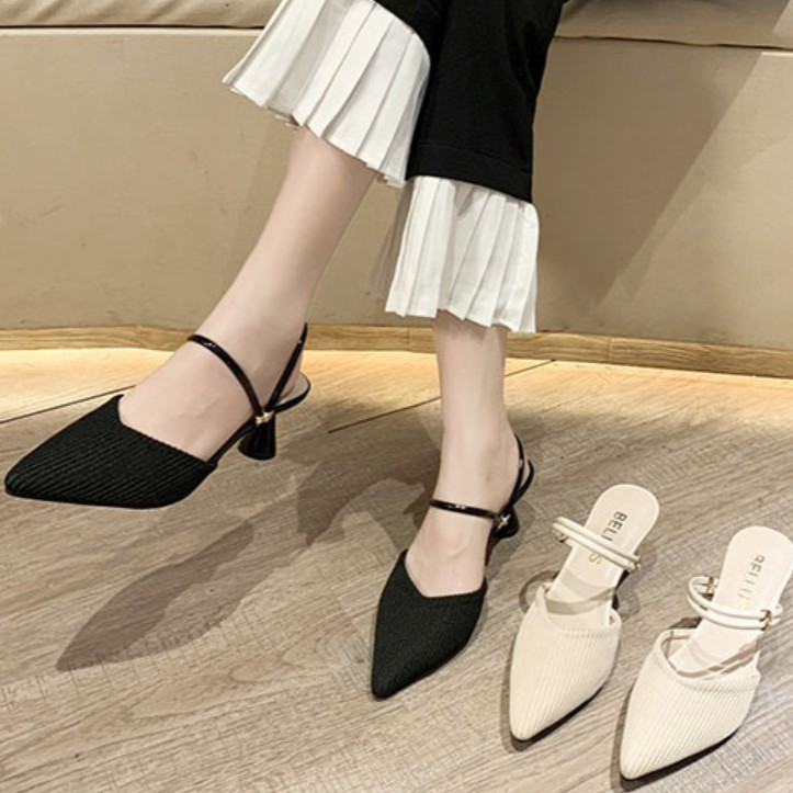 Giày Sandal Basic Mũi Nhọn Hai Kiểu Mặc Đế Tròn