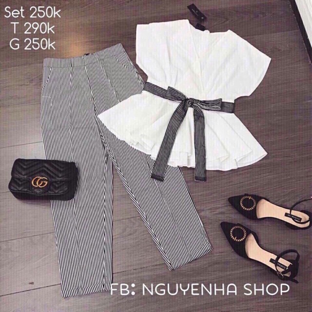 Set áo peplum quần dài sọc