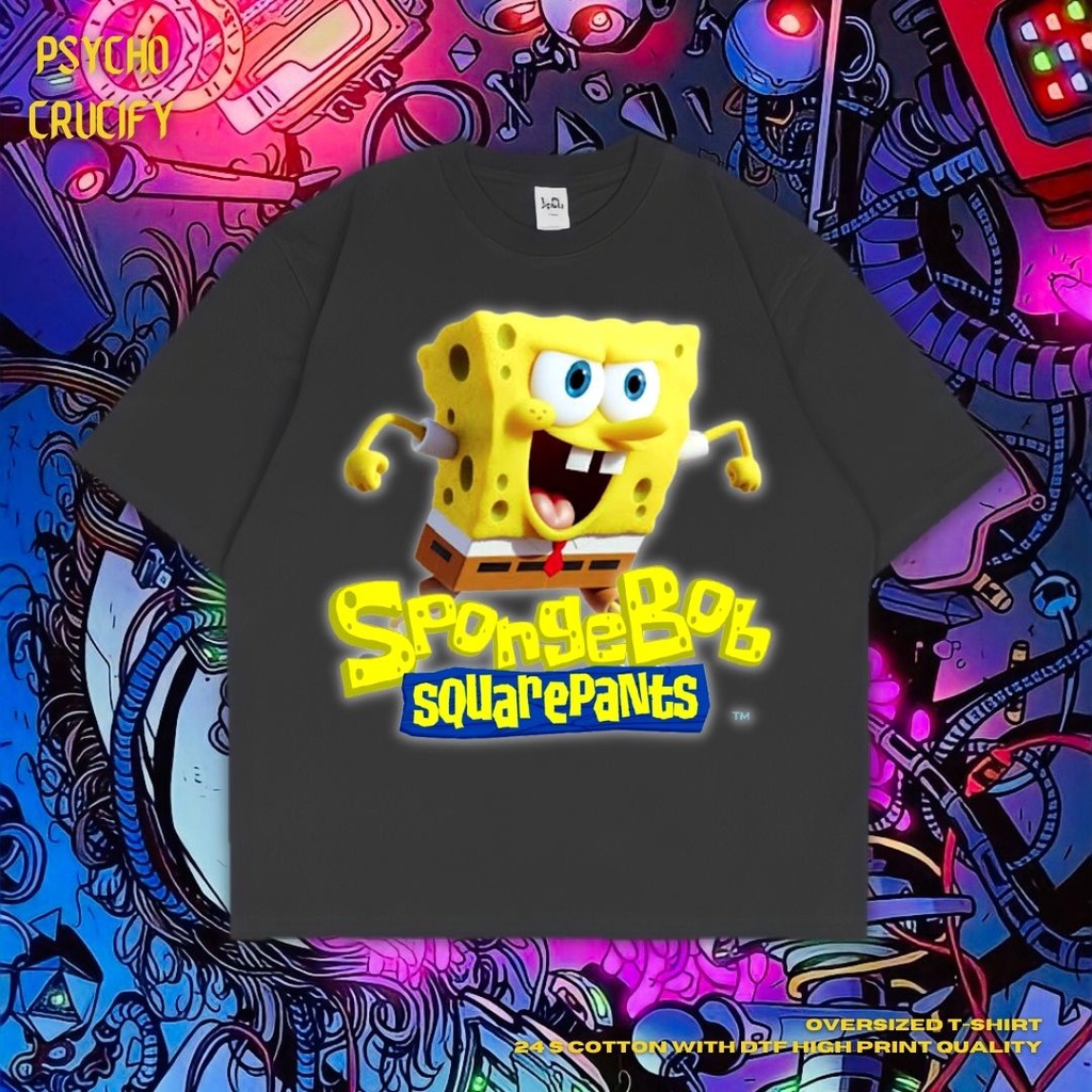 Psycho Crucify Spongebob Squarepants Áo Thun Oversized | Đen | Màu Xám Đậm | Áo Bọt Biển | Nickelodeon | Áo Thun Hoạt Hình | Áo Thun Oversize | Phong Cách Cổ Điển | Áo