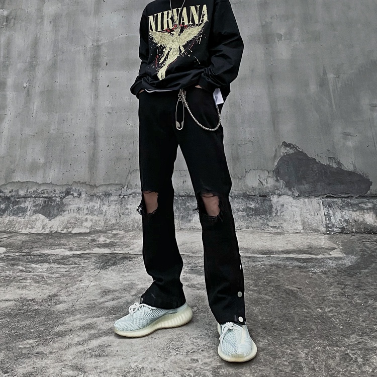 Quần jean dài dáng ôm xẻ tà phối rách phong cách retro đường phố cá tính dành cho nam