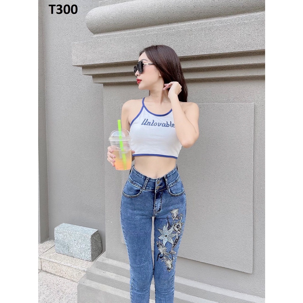 Quần jean nữ thêu hoa co giãn T300