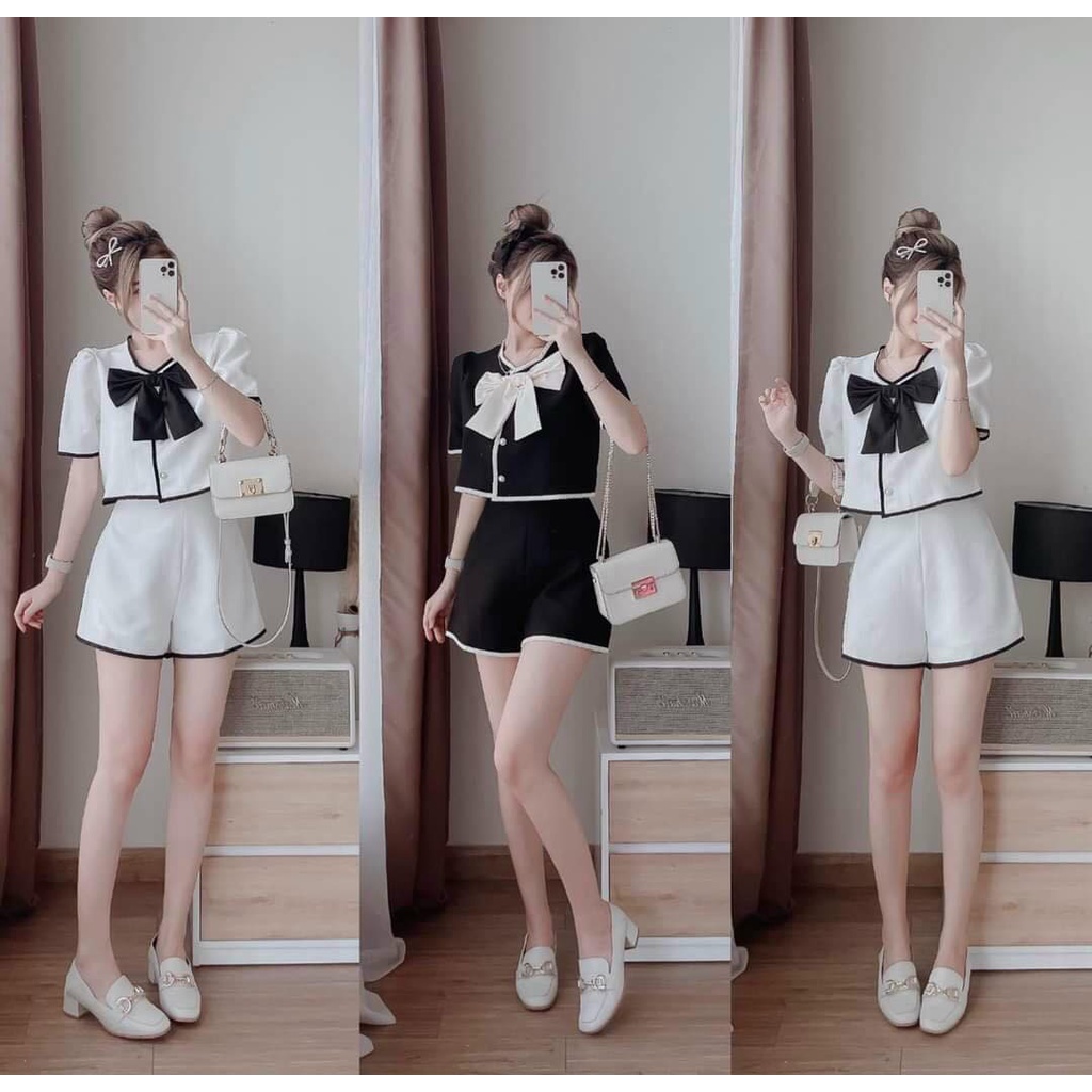 Sét Đồ Bộ Nữ Áo Viền Né Kèm Nơ Ngực Cài Nút Thật & Quần Short ( Quần Có Lót Trong ) Thiết Kế Sang Chảnh