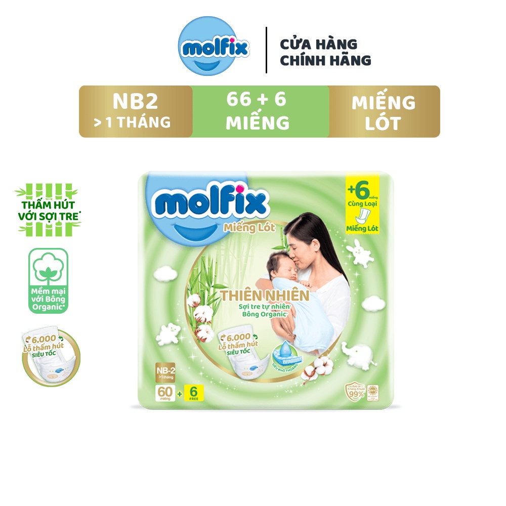 Miếng lót sơ sinh Molfix Thiên nhiên Super Jumbo Newborn 2 (trên 1 tháng tuổi) - Gói 60+6 miếng