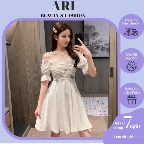 Đầm đi ăn đám cưới nơ bướm phong cách tiểu thư sang chảnh, Váy hai dây đi ăn cưới chun giúm bồng chất liệu tơ mư