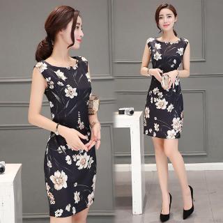 Đầm Body sát nách cổ tròn hoạ tiết hoa thời trang công sở cho phái nữ