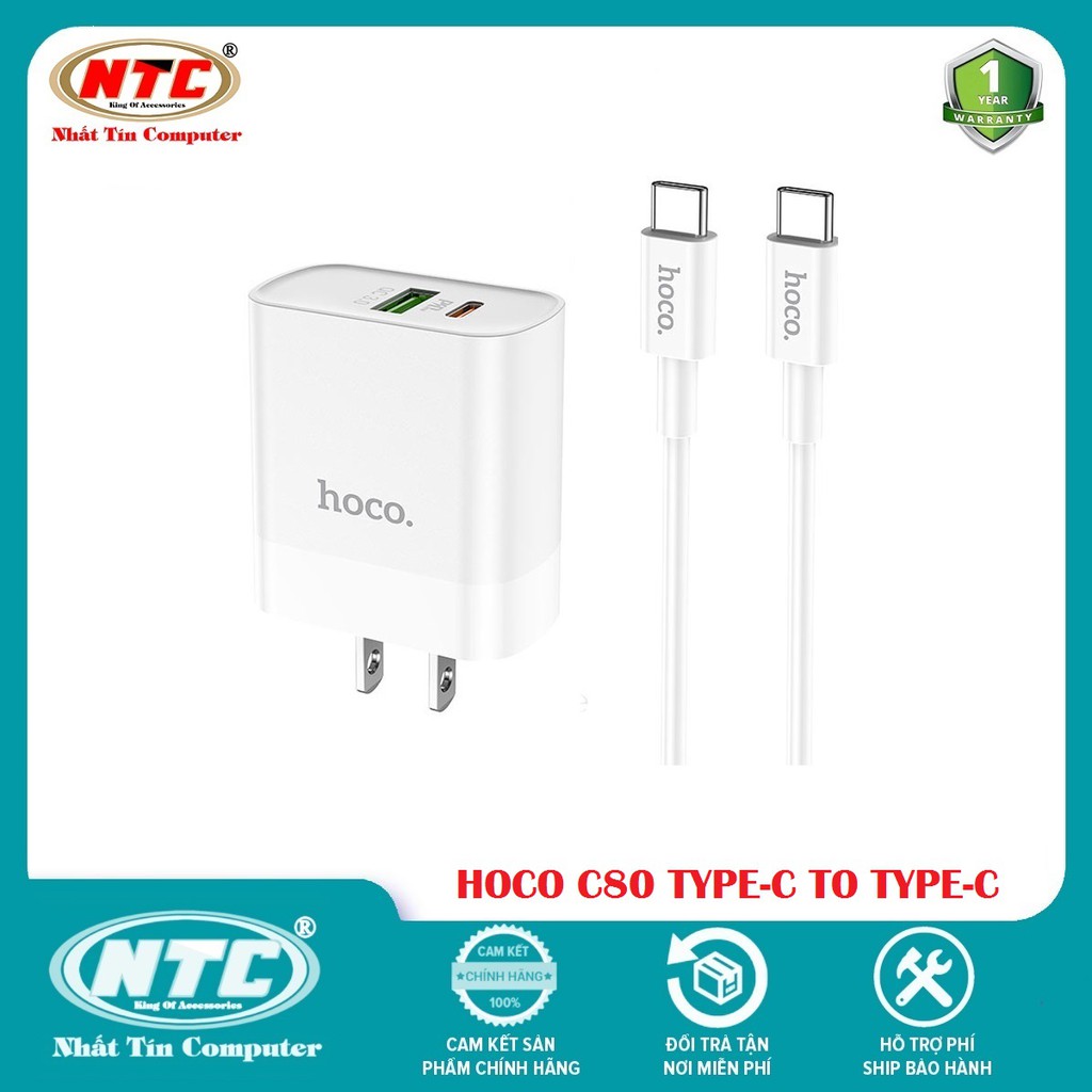 Bộ Cốc sạc 2 cổng USB và PD kèm Cáp sạc Type-C to Type-C Hoco C80 QC3.0 và PD20W (Trắng) - Nhất Tín Computer