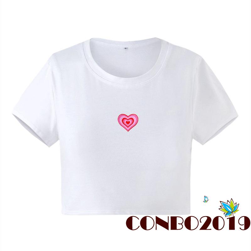 Áo Thun Croptop Tay Ngắn Cổ Tròn In Hình Trái Tim Thời Trang Xuân Hè Cho Nữ