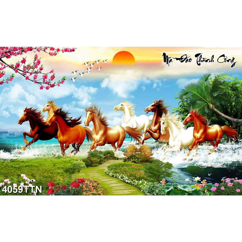 TRANH DÁN TƯỜNG 3D MÃ ĐÁO THÀNH CÔNG - TRANH DÁN TƯỜNG BÁT MÃ PHONG CẢNH - TRANH MÃ ĐÁO TRUY PHONG