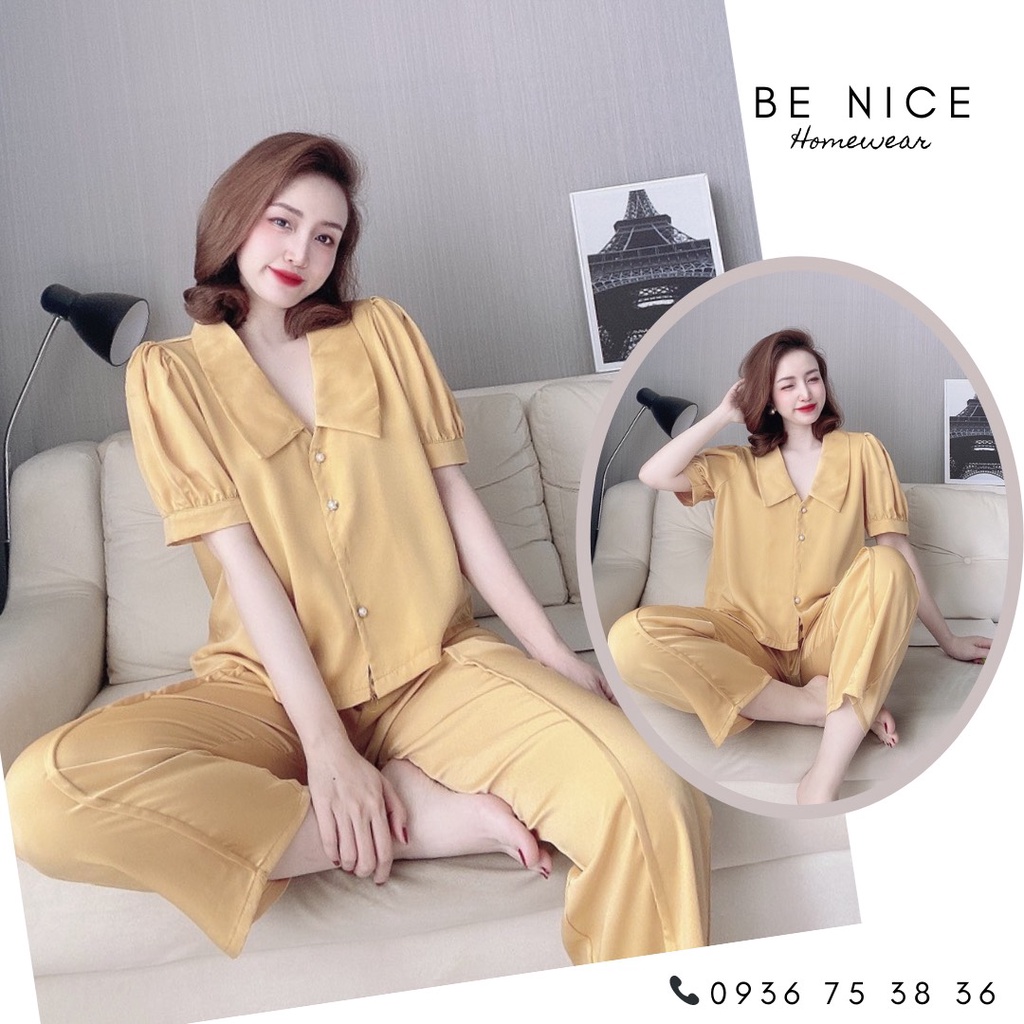 Set lụa dài cổ bẻ phối nút tay phồng xinh xắn cho nàng nhà Be Nice Homewear