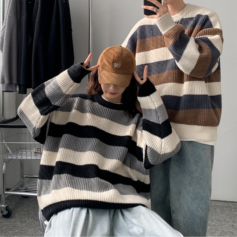 Áo sweater len kẻ sọc màu cổ điển dáng rộng thời trang unisex cỡ M-2XL