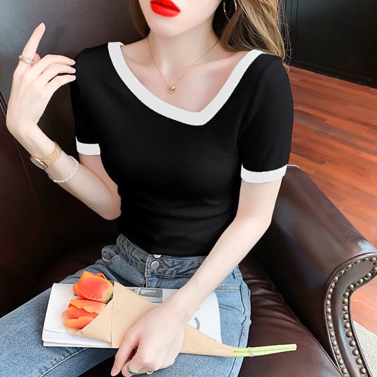 Áo Thun Tay Ngắn Dáng Ôm Màu Sắc Tương Phản Dễ Phối Đồ Phong Cách Phương Tây Thời Trang Cho Nữ