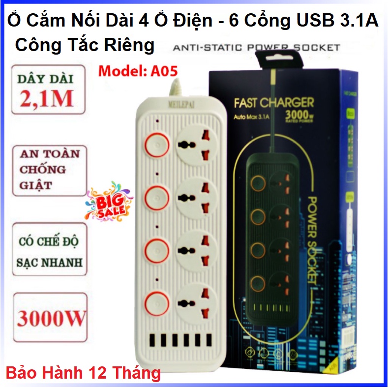 Ổ Cắm Điện A05 Đa Năng Thông Minh, Tích Hợp 6 Cổng USB Sạc Nhanh 3.1A - Chống Cháy Nổ - Bảo Hành 24 Tháng