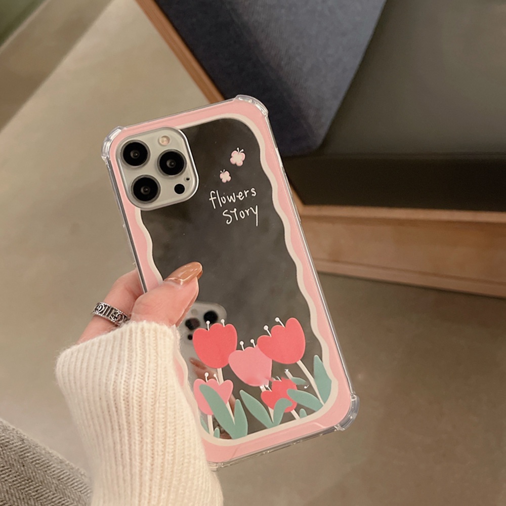 Ốp Điện Thoại TPU Dẻo Gắn Gương Trang Điểm Hình Hoa Tulip Cho iPhone 14 13 12 11 Pro Max XR X XS 7 Plus 8 Plus