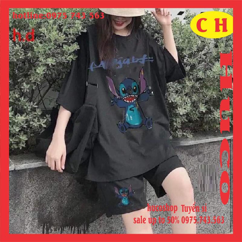 sét đồ bộ đen nam nữ áo thun hè ngắn tay stick xanh chất cotton + quần đùi in logo form rộng chuẩn ảnh unisex freesize