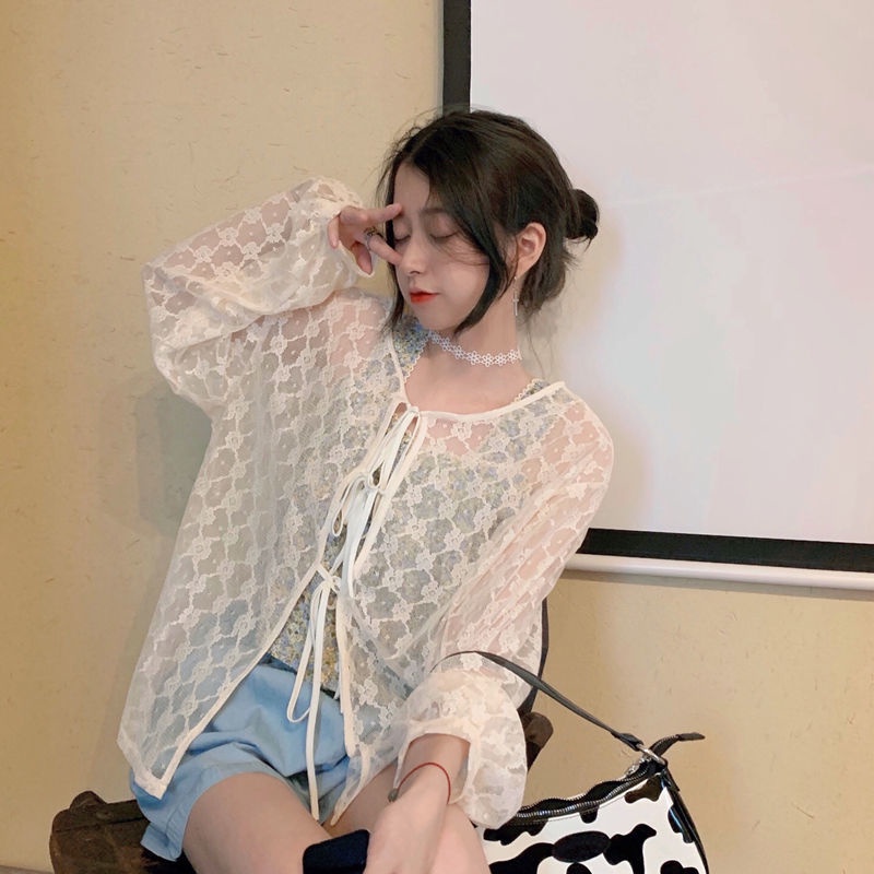 Set áo khoác ren dài tay + áo hai dây hoa phong cách Hàn Quốc xinh xắn cho nữ (có bán lẻ)