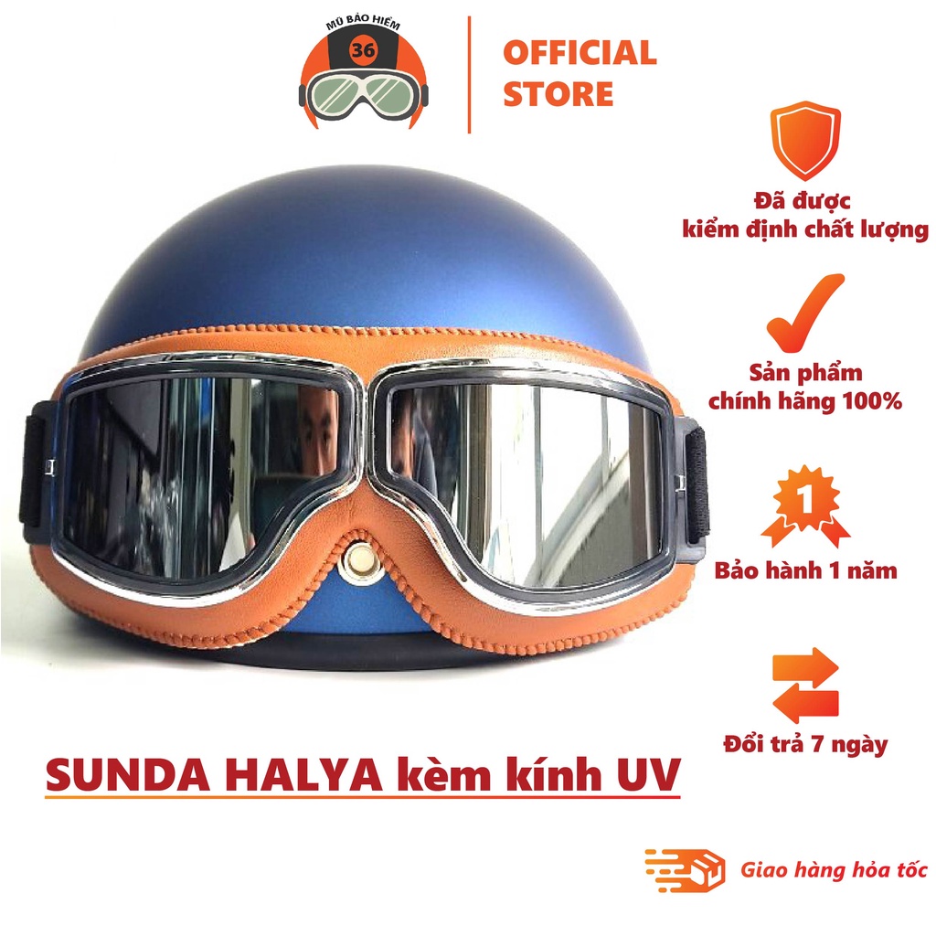 Mũ bảo hiểm nửa đầu SUNDA HALYA kèm kính phi công viền da cao cấp