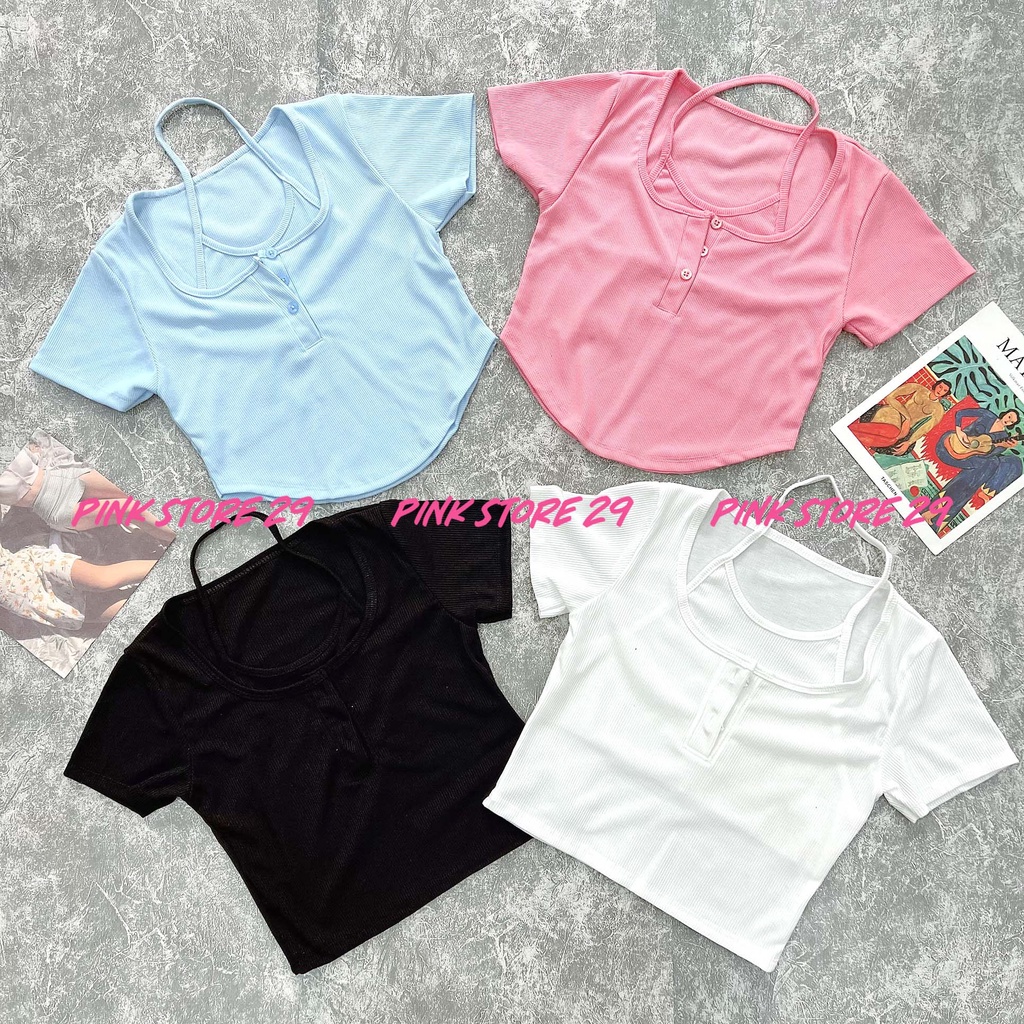 Áo Croptop Body Giả Yếm Tay Ngắn Cổ Chữ U Khuy Cài Phối Cổ Yếm Thơ Ngây alohashop91