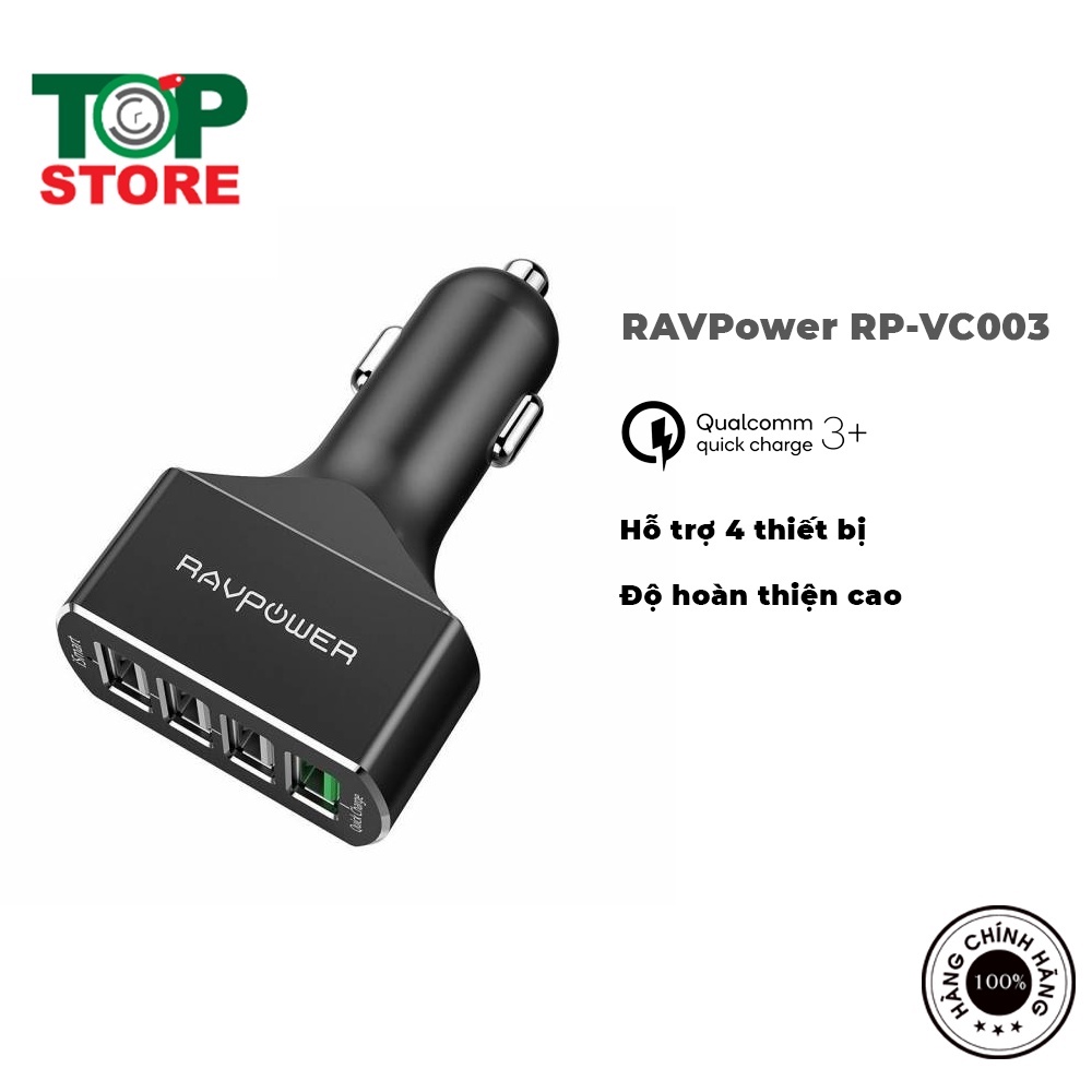 Cốc Sạc Dùng Trong Xe Hơi RAVPower RP-VC003 Công Suất 54W, 4 Cổng USB, Sạc Nhanh QC 3.0