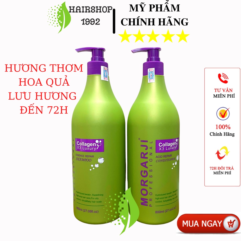 Dầu Gội Xả Colagen MORGARJI Phục Hồi Tóc Hư Tổn Siêu Mượt Hương Thơm Hoa Quả 800ml * 2. Bộ Dầu Gội Colagen