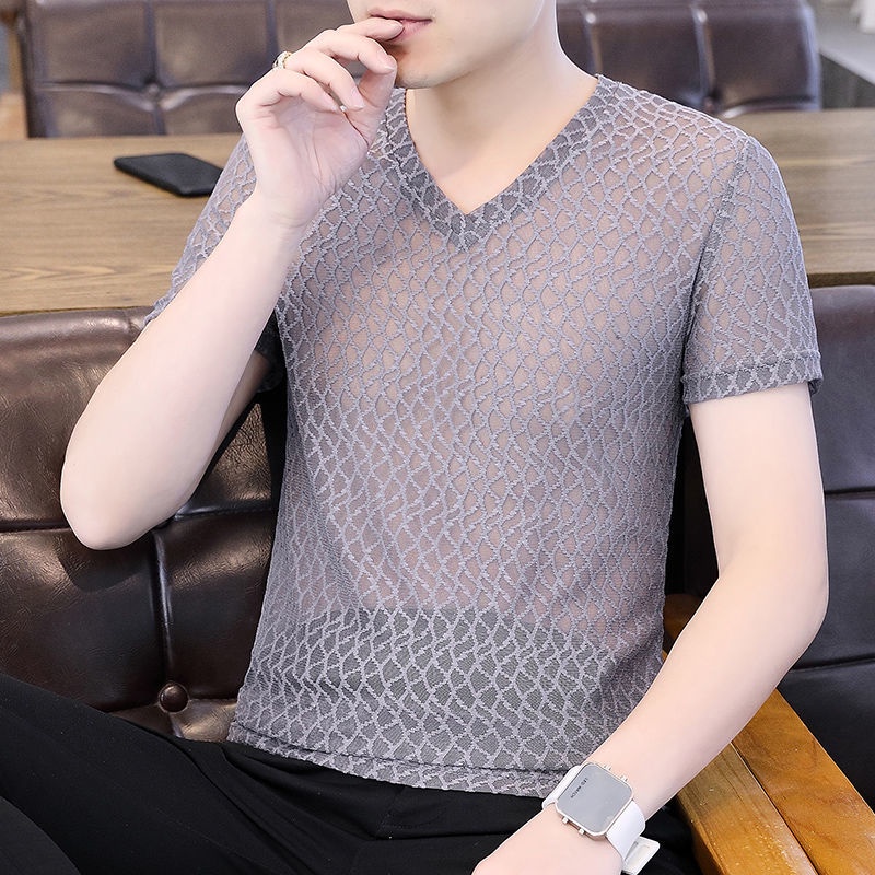 Áo Thun Tay Ngắn Cổ Chữ V Phối Lưới Siêu Mỏng Thời Trang Mùa Hè Cho Nam