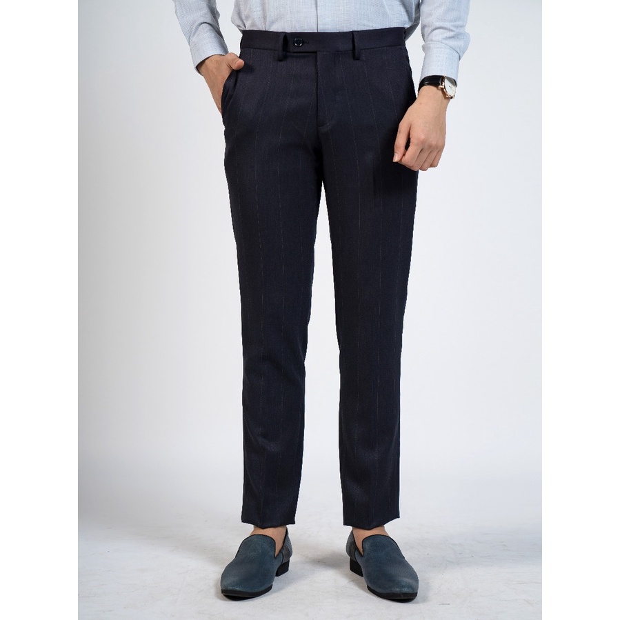 Quần âu tây nam công sở cao cấp OWEN QS23471 dáng slim fit ống ôm dài chân màu xanh navy sọc chìm nano nhẹ mát mềm mát