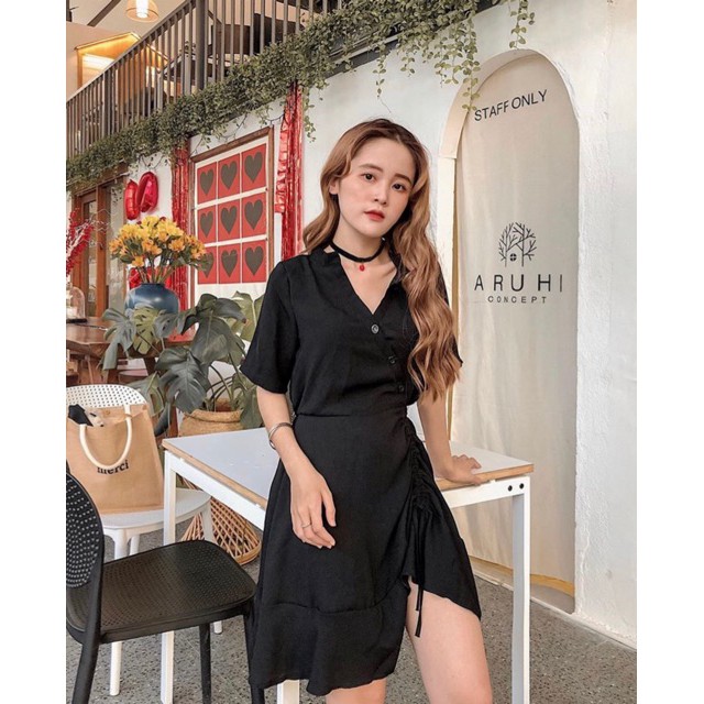 Đầm Big Size Thiết Kế Lotifas đầm đen rúm hông rút dây cho người béo mập từ 55-95kg | BigBuy360 - bigbuy360.vn