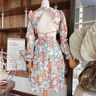 Đầm hoa cổ v phối bèo cutout eo