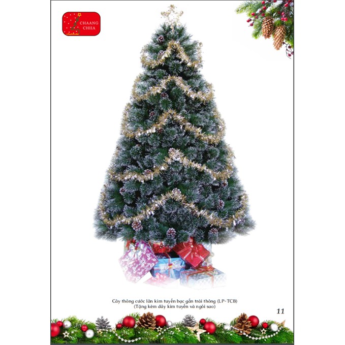 Cây thông NOEL trang trí loại cước lăn kim tuyến bạc gắn trái thông - 1m5