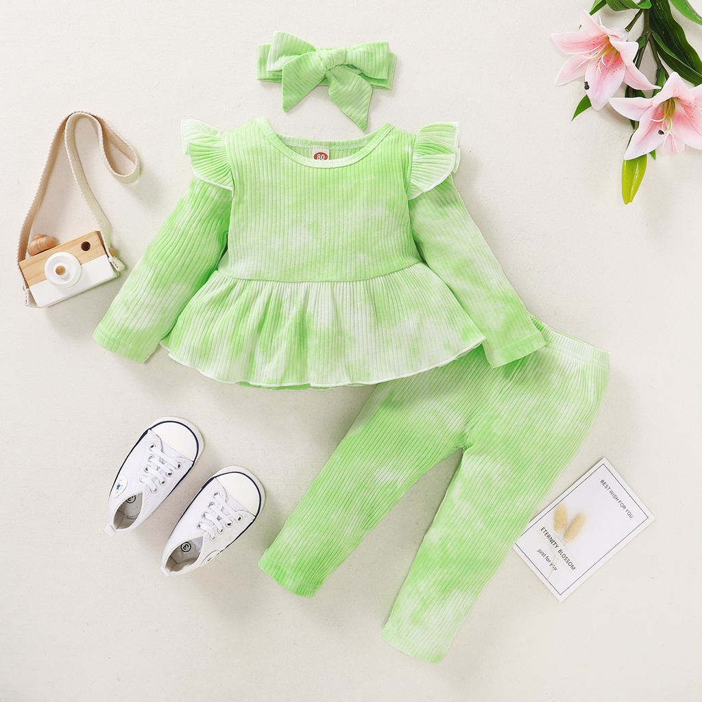 Bộ 3 món MIKRDOO Áo tay dài và Quần kèm Băng đô bằng cotton dành cho bé gái sơ sinh/ tập đi