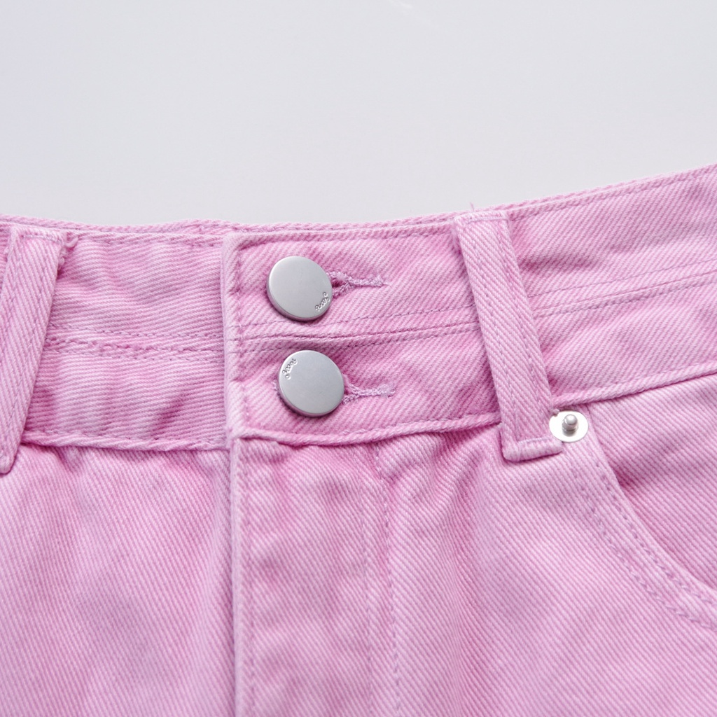 Quần short jean nữ lưng cao hai nút, quần đùi ngố ống rộng lật lai