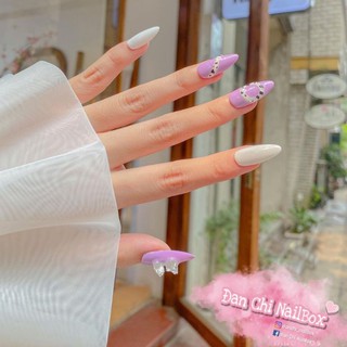 NailBox móng úp thiết kế sẵn Mẫu Tím Mix Trắng Charm Gấu