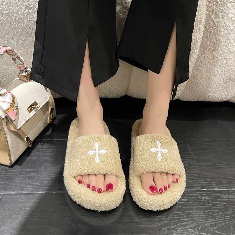 Dép Bông Đế Phẳng Hở Ngón Phối Màu Sắc Tương Phản Thời Trang Thu Đông Phong Cách Ulzzang Mới