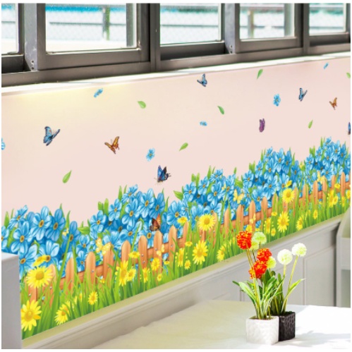Decal giấy dán chân tường mẫu hàng rào hoa Xanh dương với hoa dại vàng tươi đẹp