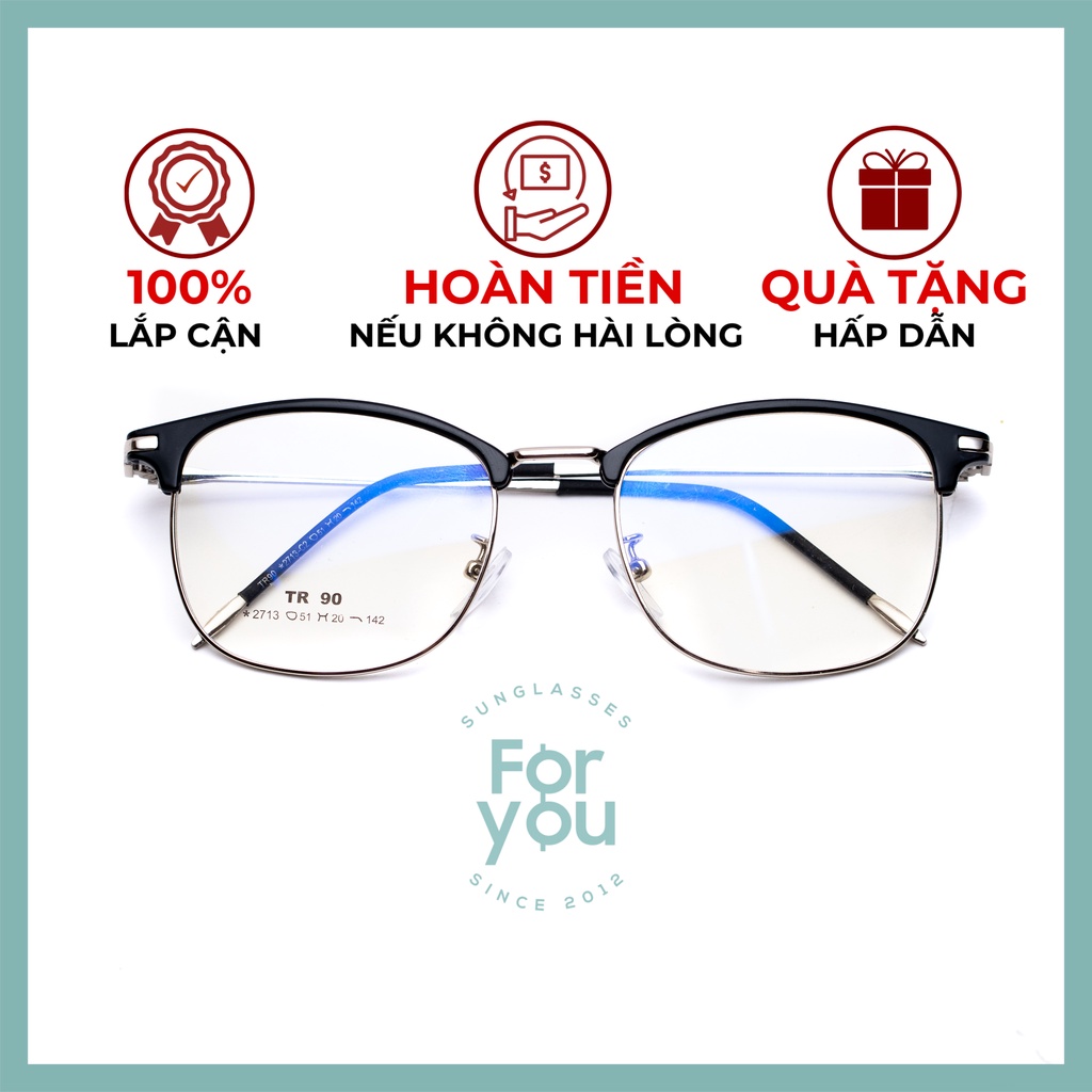 Gọng kính cận kim loại cho mặt vuông 4U, mắt oval chống bụi hoặc lắp cận, màu đen bạc – 2713