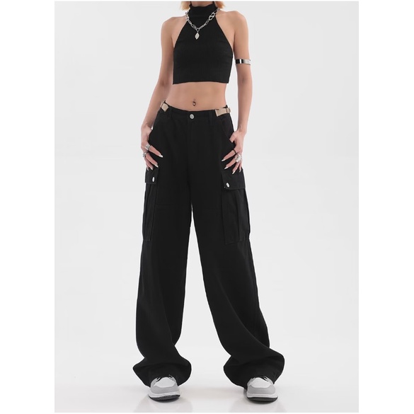 Quần Dài Ống Đứng Màu Sắc Đơn Giản Phong Cách Retro Cho Nam Nữ Quần Yếm unisex lưng cao