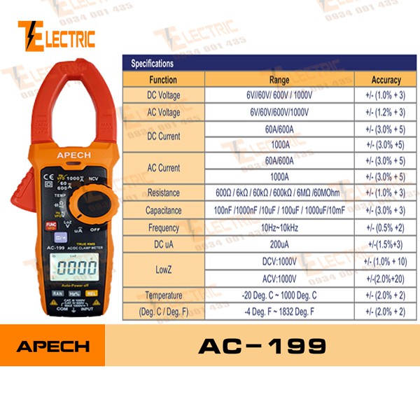 Apech AC - 199 Ampe Kìm Đo Điện Đo Tụ Đo Tần Số Đo Dòng Điện AC/DC 1000A APECH AC 199 (1000A AC/DC)