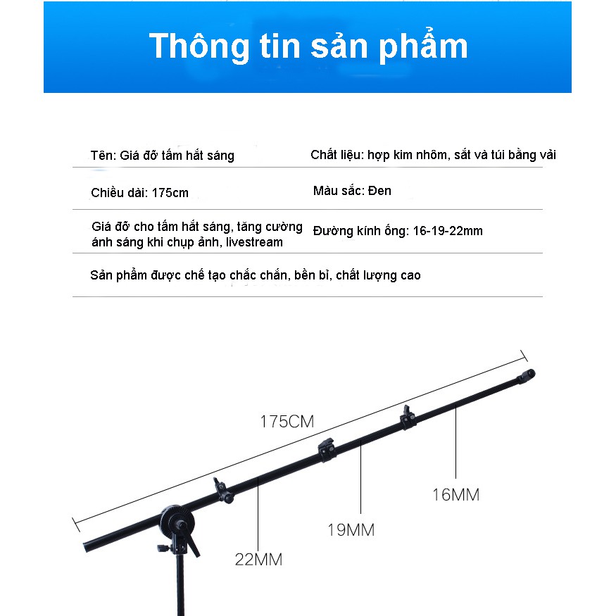 Tay boom treo tấm hắt sáng cho studio chuyên nghiệp, bộ gồm chân cao 2m, tay treo tấm hắt sáng 175cm