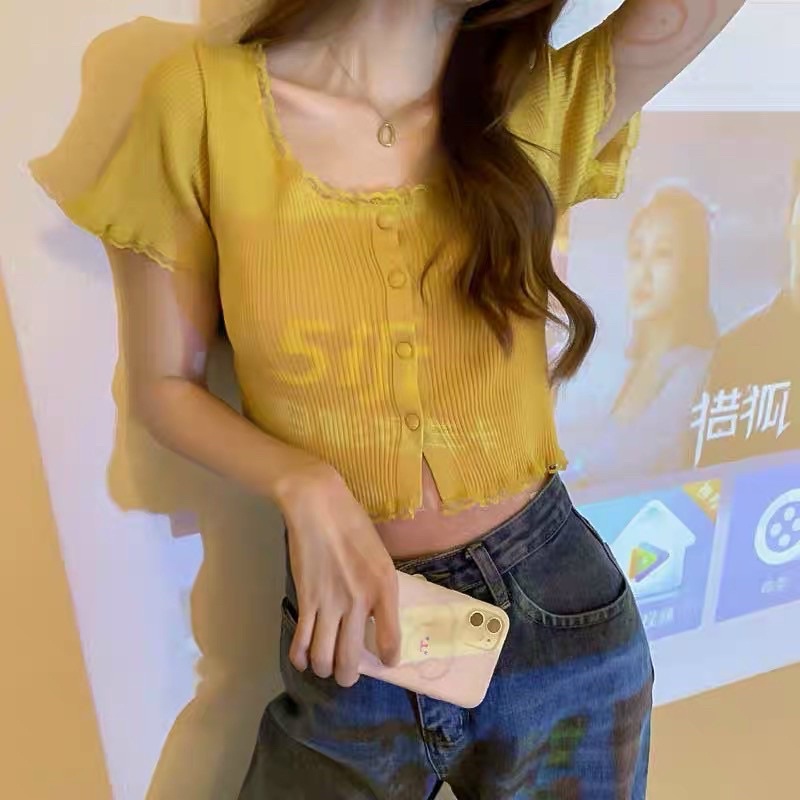 Áo len tăm croptop viền ren cúc bọc, Áo kiểu len mỏng dáng ngắn AL1123 - NhiNhi Shop