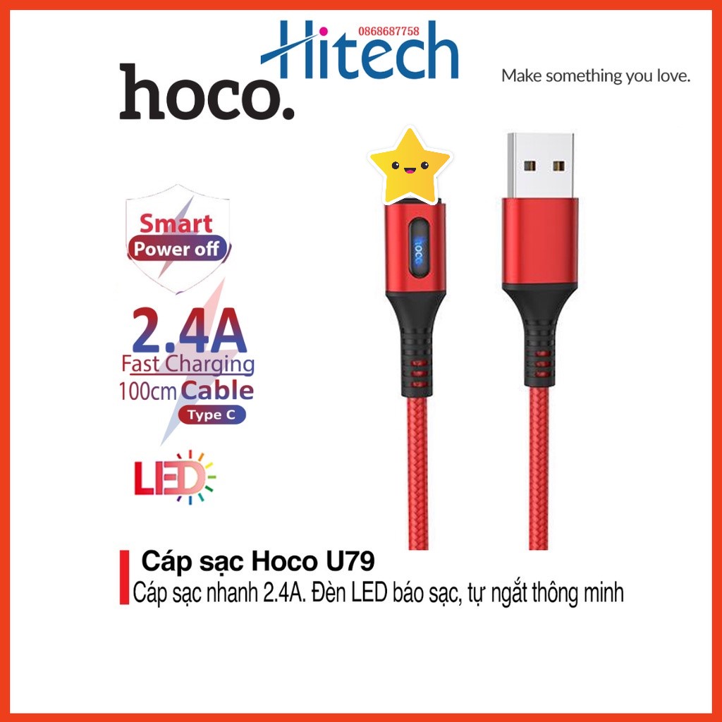 Cáp Sạc Tự Ngắt Thông Minh Hoco U79 Hỗ Trợ Sạc Nhanh cho IP- Micro usb-Type C Dài 1.2M Bảo Hành 06 Tháng