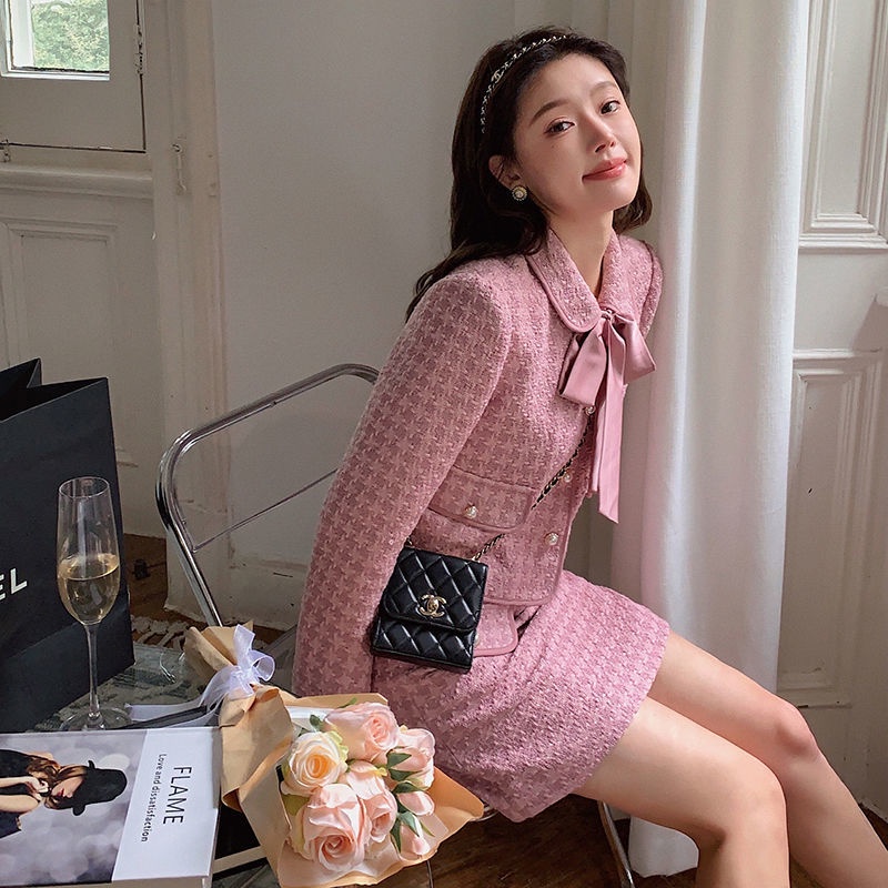 Bộ Áo Khoác Vest + Chân Váy Chữ A Họa Tiết Kẻ Sọc Màu Hồng Kiểu Pháp Thời Trang Mùa Thu Cho Nữ