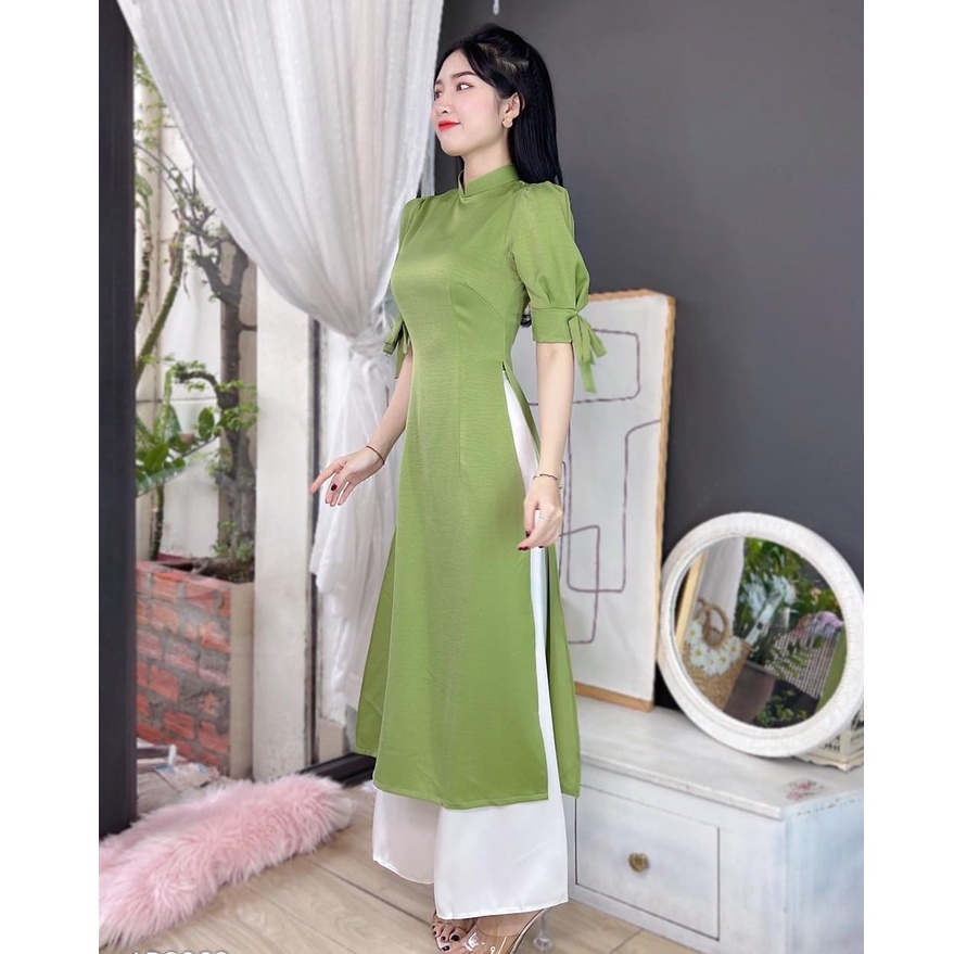 Áo dài nữ trơn cách tân kiểu tay bồng thắt nơ không kèm quần CHUU AD8002