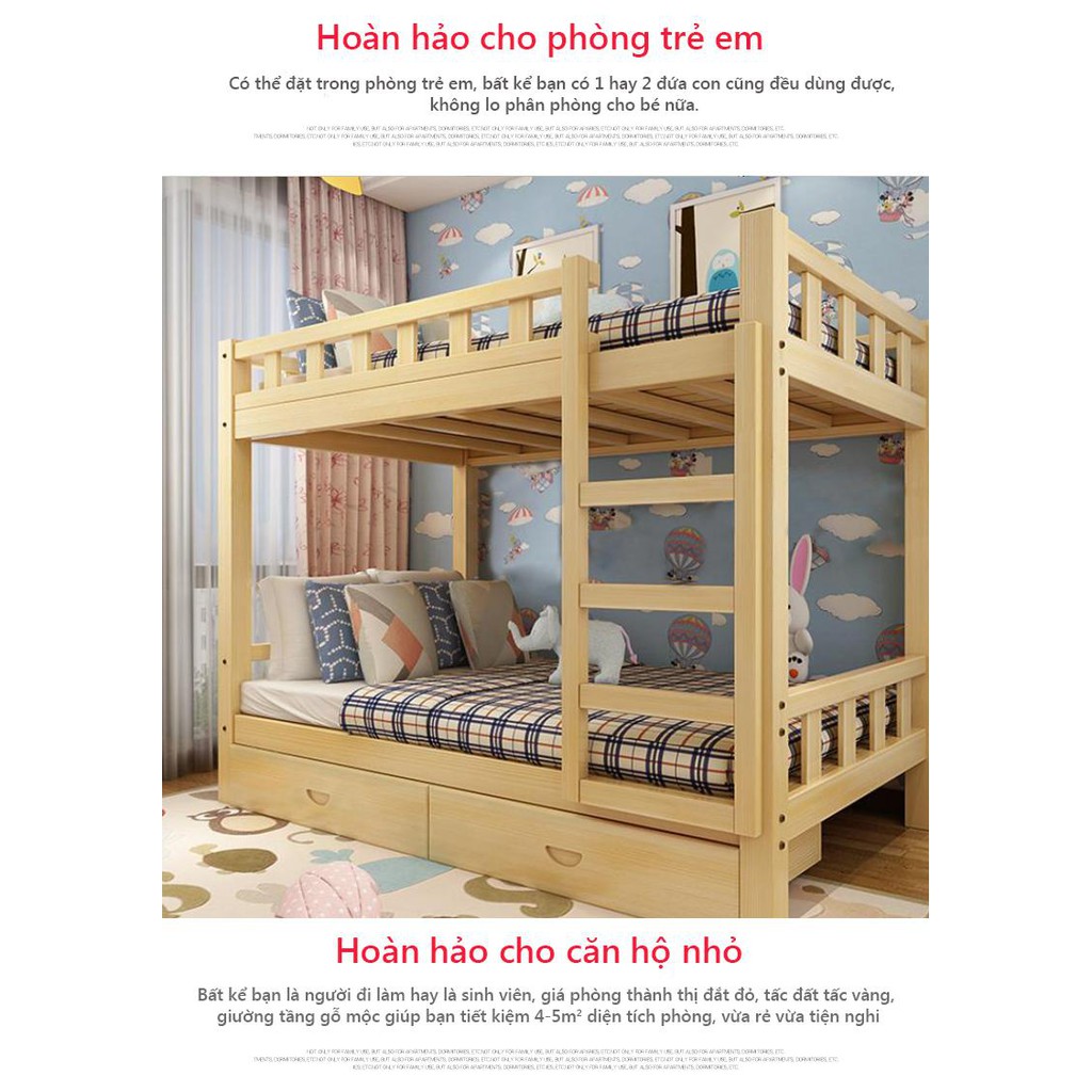 Giường tầng gỗ thông mộc bản full kệ sách , đệm , ngăn kéo 90x190x160cm | BigBuy360 - bigbuy360.vn